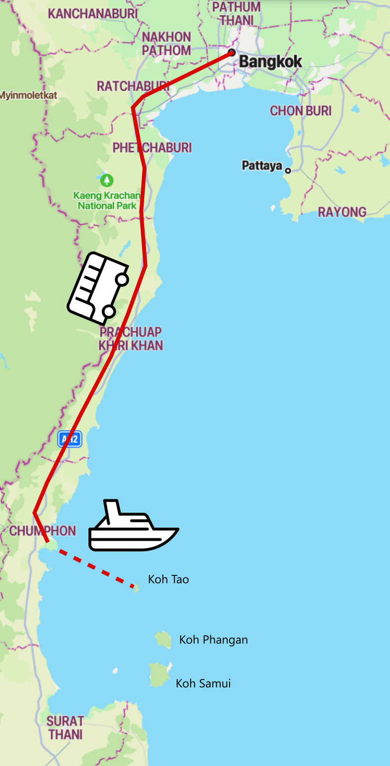 koh tao kelionės žemėlapis per Chumpon autobusu