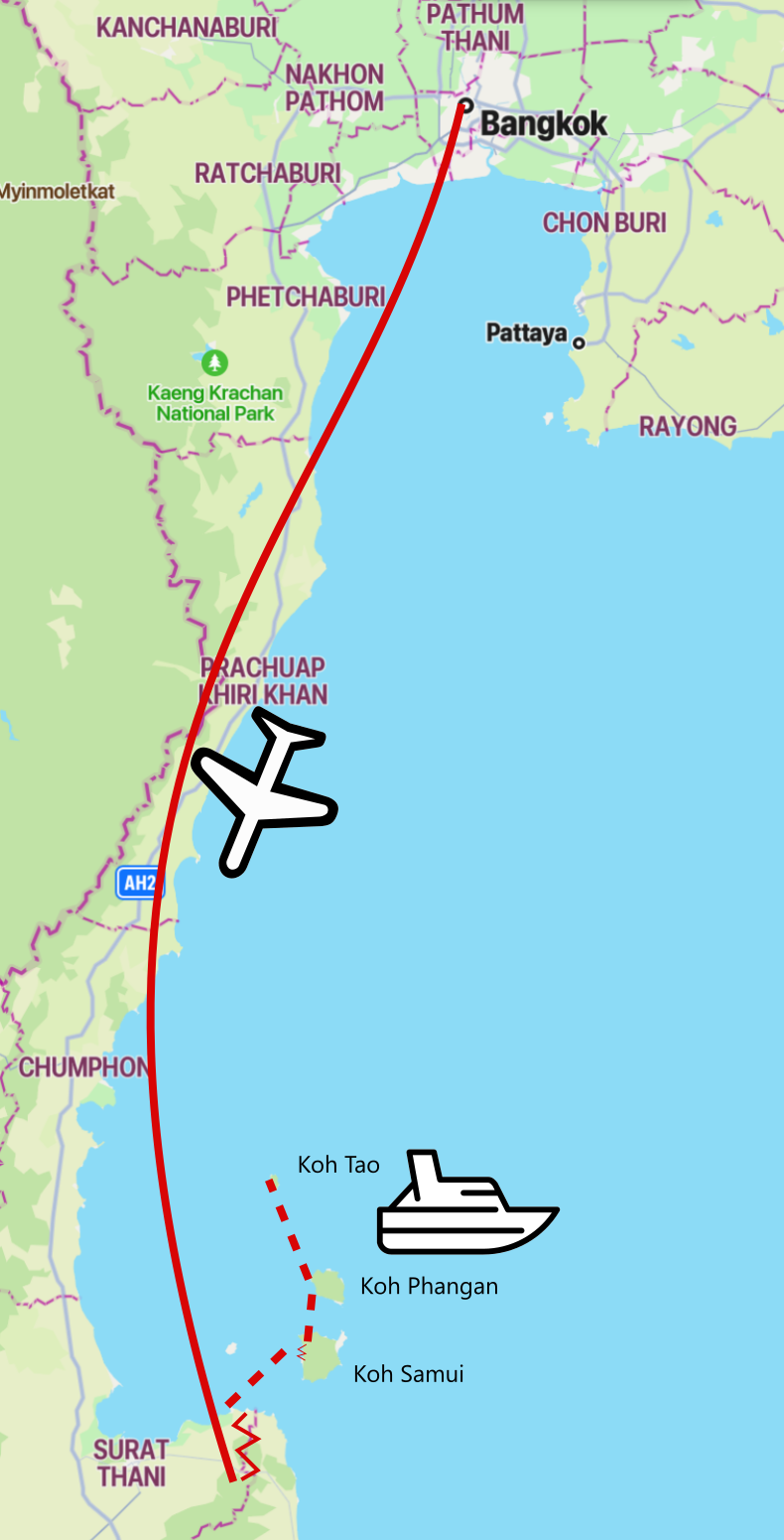 kelionės žemėlapis per Surat Thani
